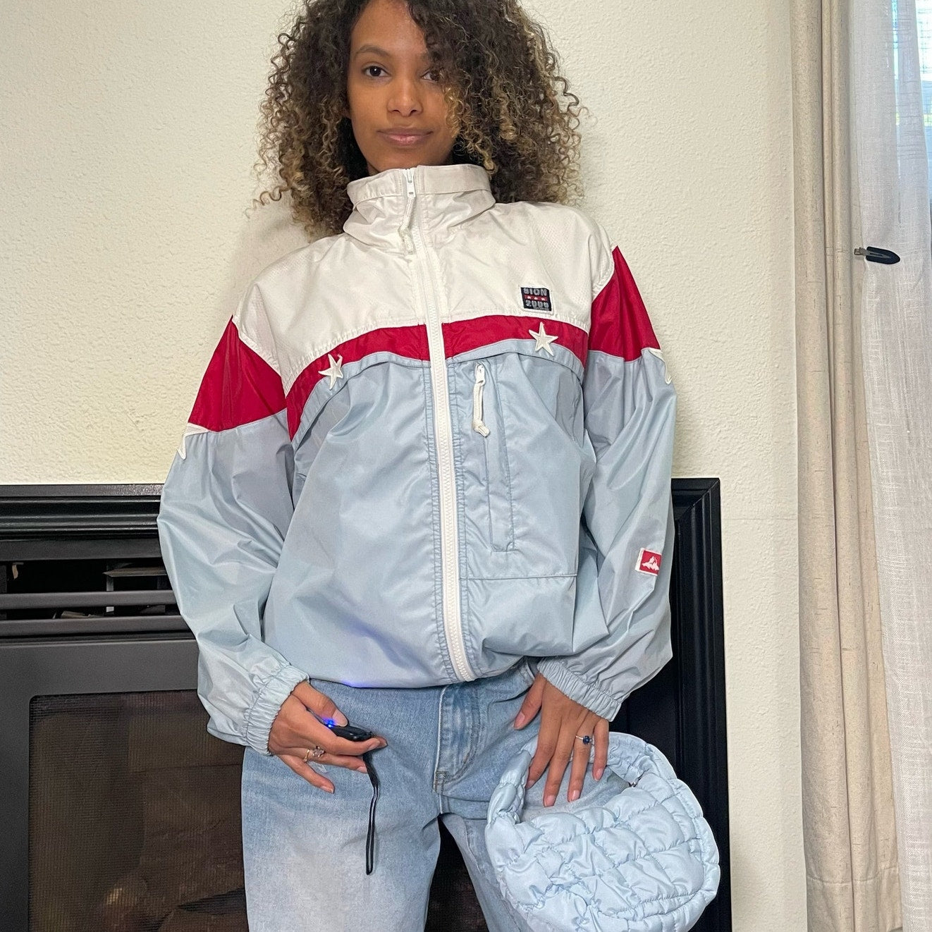 90s baby blue oversized sporty Swiss varsity windbreaker jacket (XS/S)