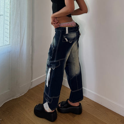 Vintage Blue Wash Wide Leg Cargo Denim Capris Y2K (M)