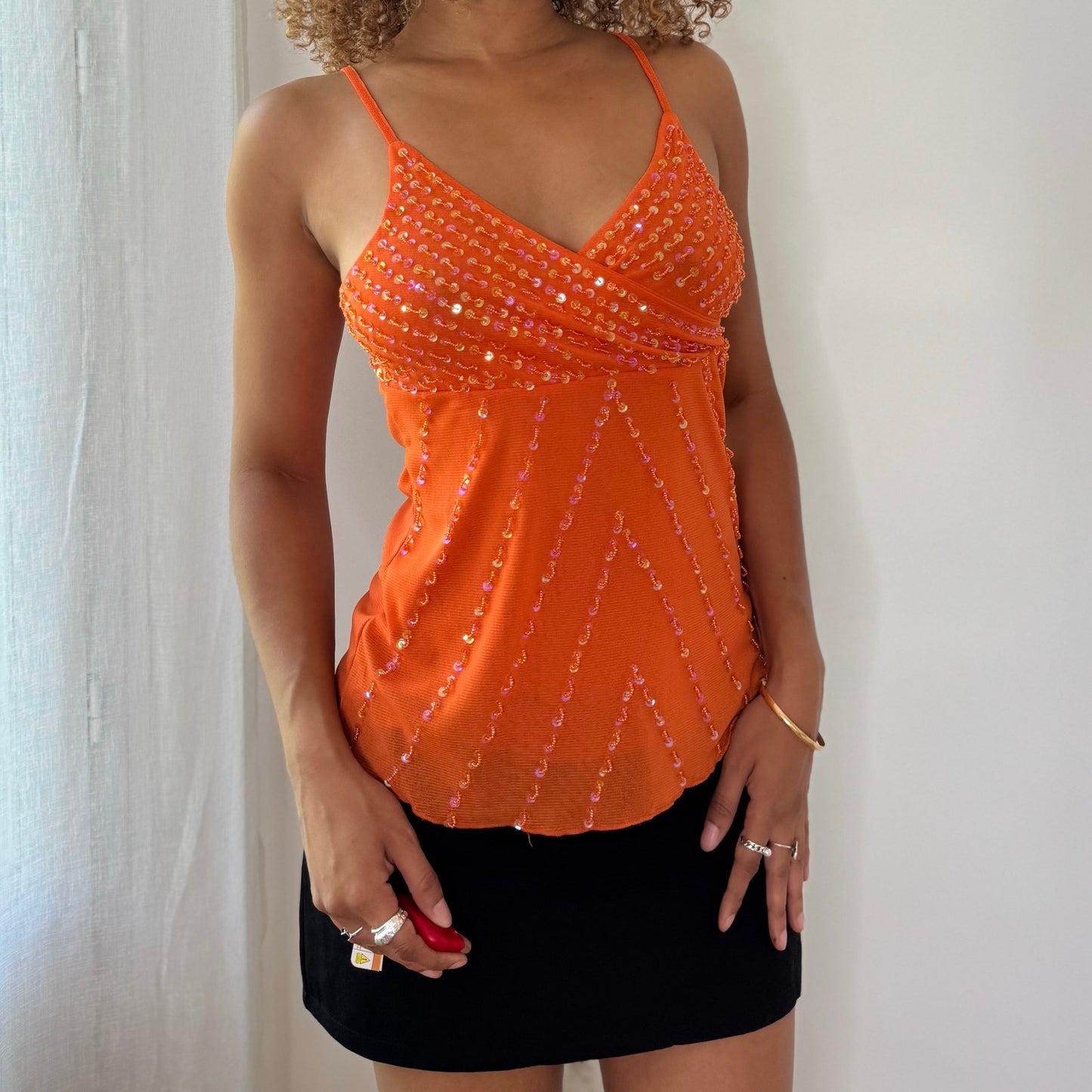 Vintage Orange Iridescent Sequin Layered Mesh Cami Top Italian Y2K (S)