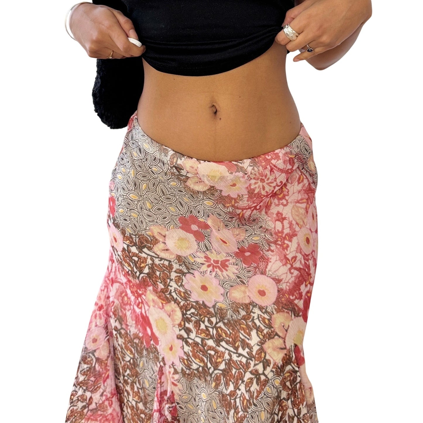 Vintage Sandro Ferrone Floral Mesh Midi Skirt Pink Brown Sheer Hem (S)