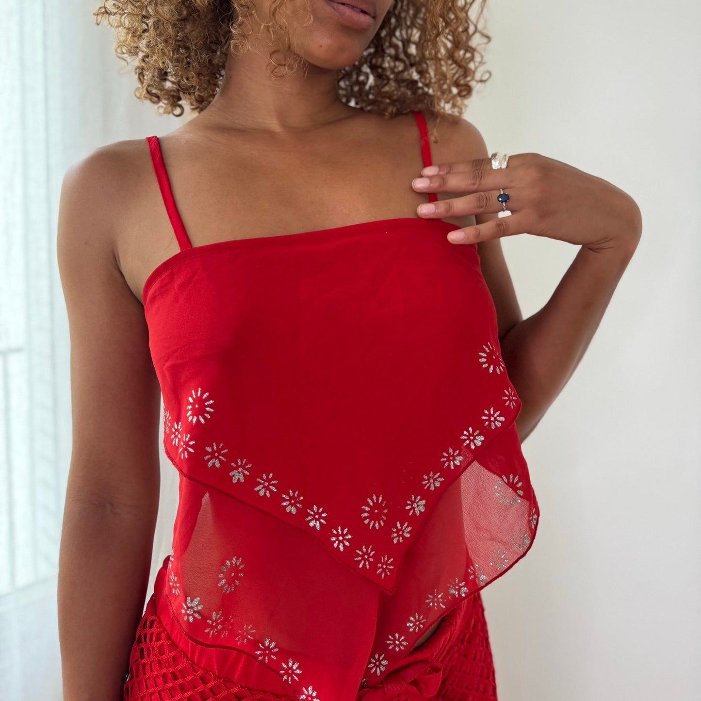 Vintage Red Mesh Handkerchief Cami Top Open Back Tie Y2K (S)