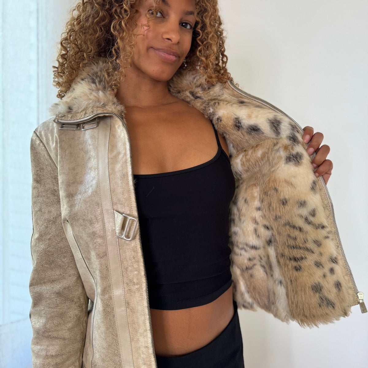 Vintage Mango Beige Taupe Genuine Pigskin Leather Faux Fur Leopard Lined Zip Up Jacket