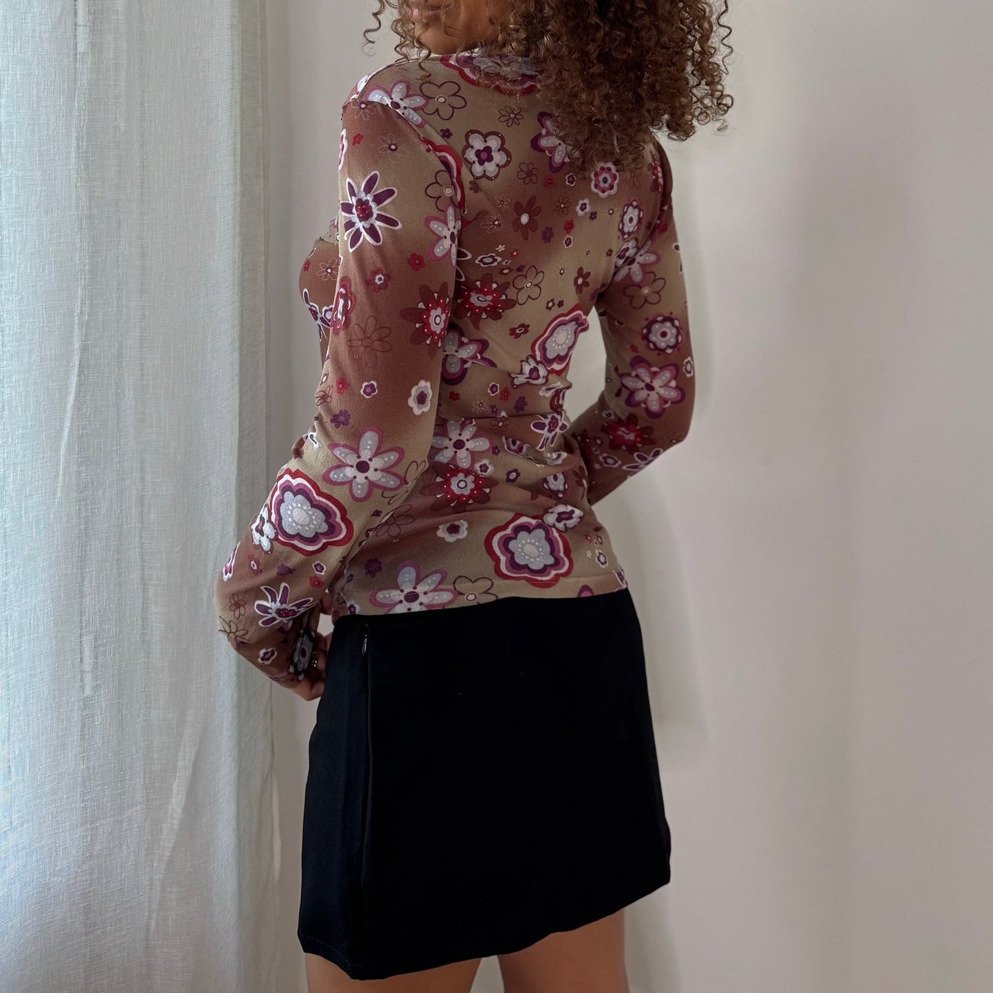 Vintage Taupe Burgundy Pink Floral Mesh Turtleneck Top Euro Y2K (M)
