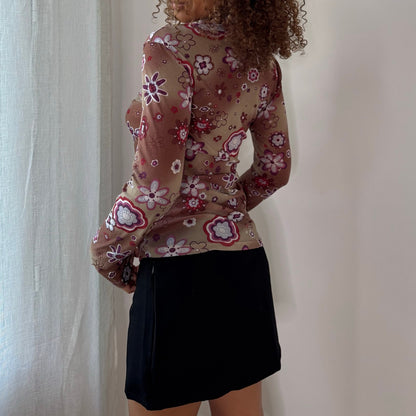 Vintage Taupe Burgundy Pink Floral Mesh Turtleneck Top Euro Y2K (M)