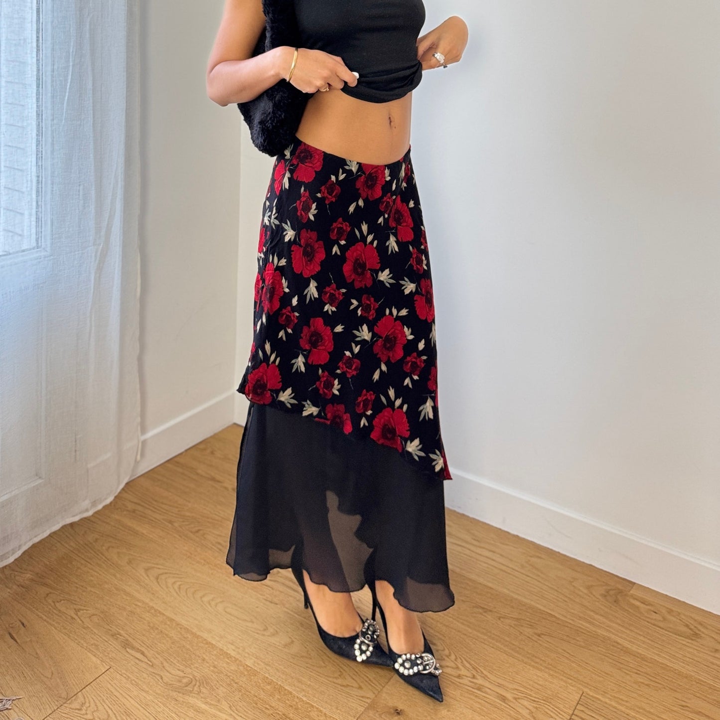 Vintage Italian Black Red Rose Mesh Midi Skirt Asymmetrical Sheer Hem (S)