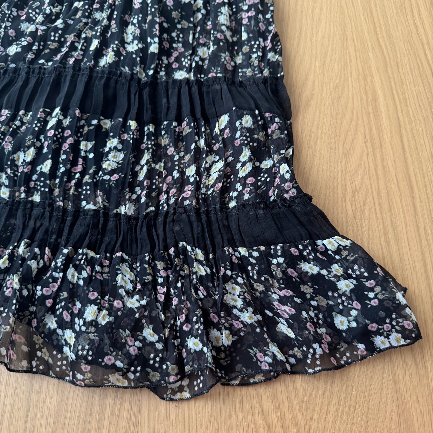 Vintage Black Pink Floral Mesh Tiered Maxi Skirt Euro Y2K (XS/S)