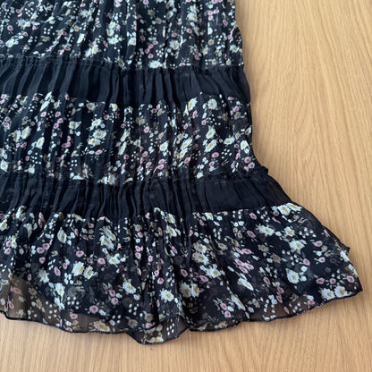 Vintage Black Pink Floral Mesh Tiered Maxi Skirt Euro Y2K (XS/S)
