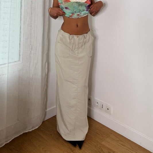 Euro vintage Y2K ivory cream low-rise cargo maxi skirt with drawstring waist & utility pockets