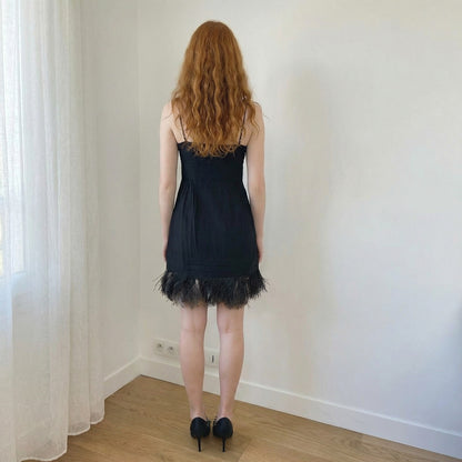 Vintage Juicy Couture Black Silk Feather Trim Mini Dress (XS/S)