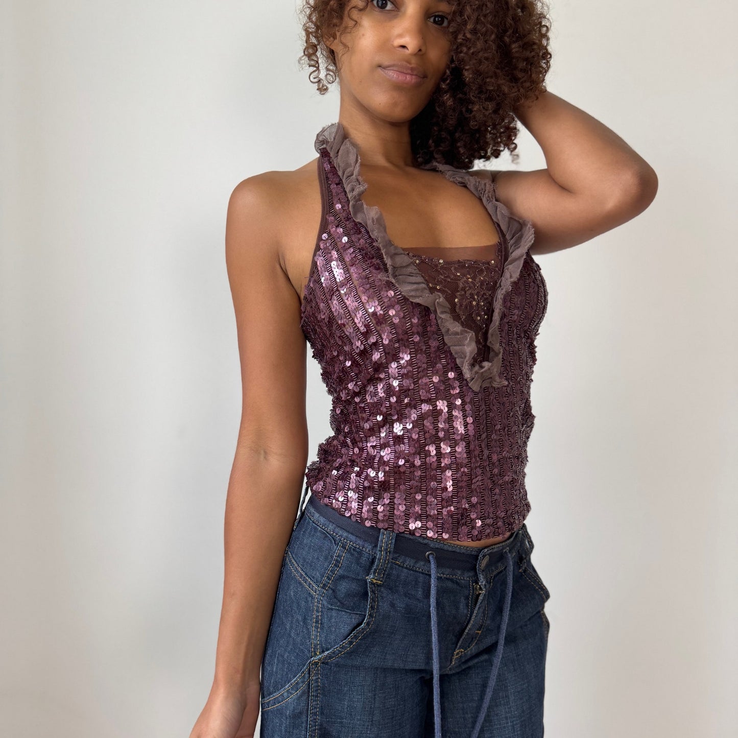 Vintage Pinko Ruffled Sequin Mesh Halter Top (S)