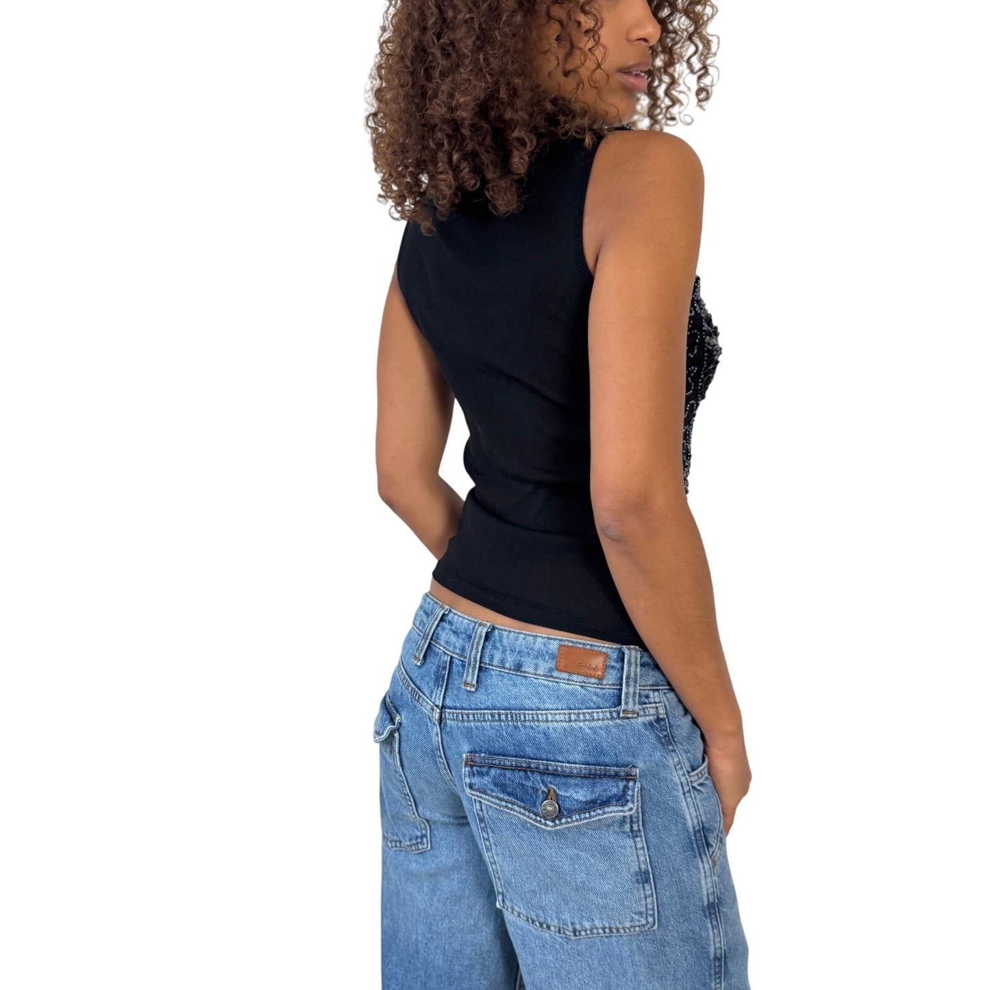 Vintage Euro black mesh sequin butterfly top (Small)