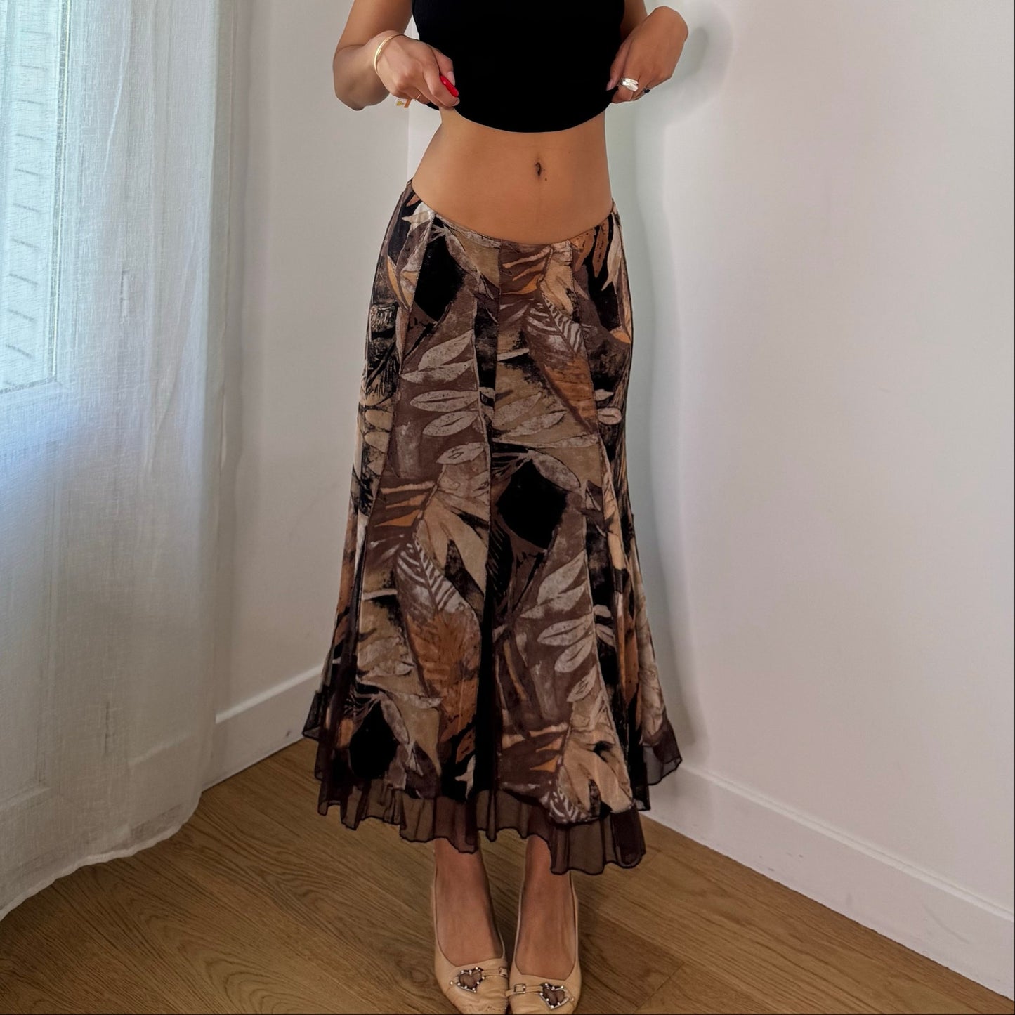 Vintage Brown Black Beige Leaf Print Mesh Midi Skirt Italian Y2K (S)