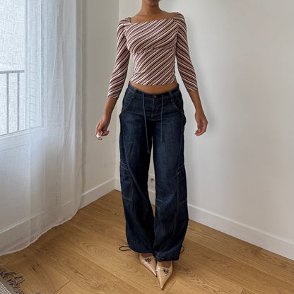 Vintage Italian Diagonal-Stripe Slinky Square-Neck Top (XS/S)