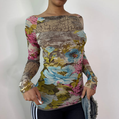 Vintage Blue Pink Floral Mesh Top Layered Sheer Y2K Euro Top (S) ⠀