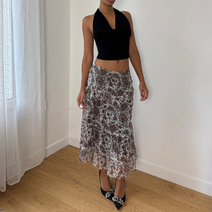 Vintage Italian Floral Sheer-Overlay Ruffle Midi Skirt (Small)