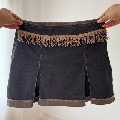 Vintage Denim Mini Skirt Fringe Low Rise Italian Y2K (XS/S)