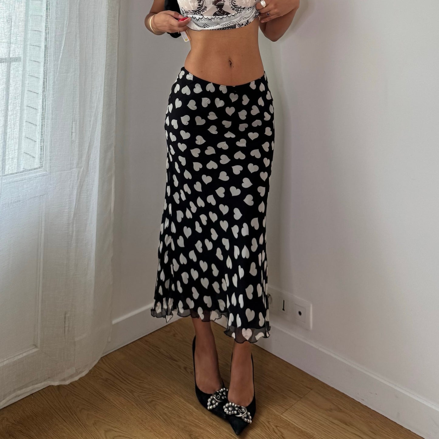 Vintage Black & White Heart Print Silk Mesh Maxi Skirt Italian Y2K (S)