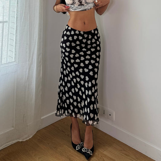 Vintage Black & White Heart Print Silk Mesh Maxi Skirt Italian Y2K (S)