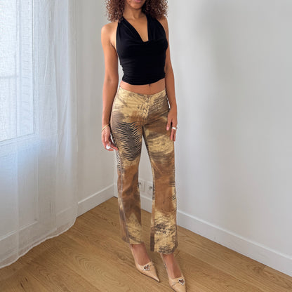 Vintage French abstract earth-tone printed stretch pants with sculpting fit (XS/S)