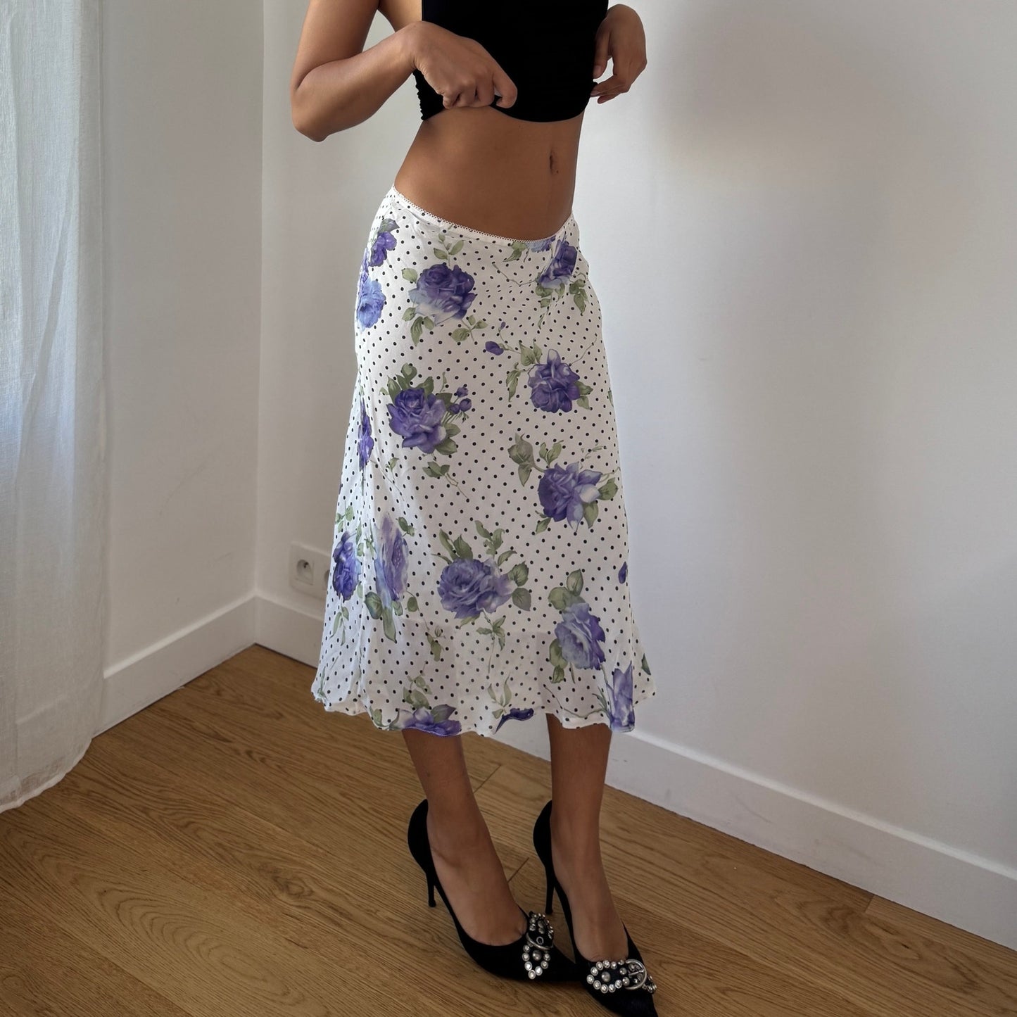 Vintage White Floral Polka Dot Mesh Midi Skirt Purple Rose Y2K French 100% Viscose (S)