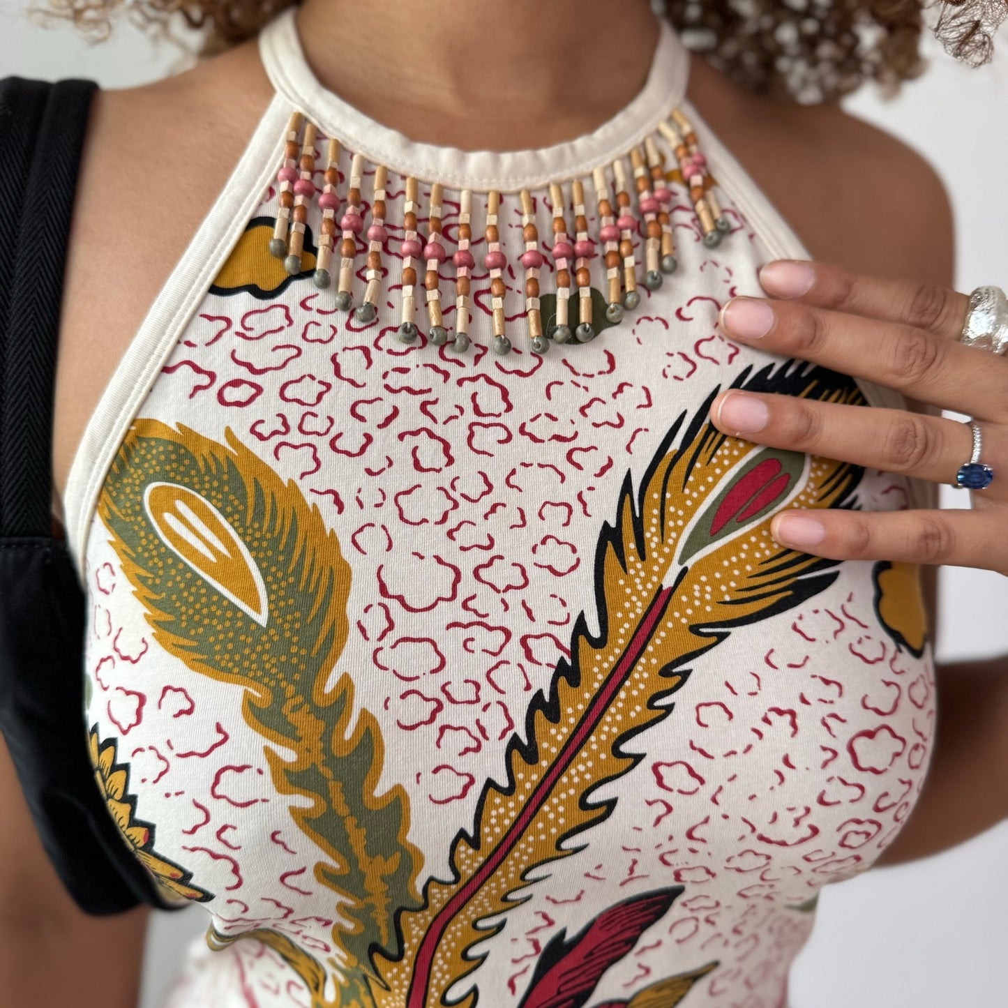 Vintage Feather Print Halter Top Beaded Neckline Cotton Y2K (S/M)