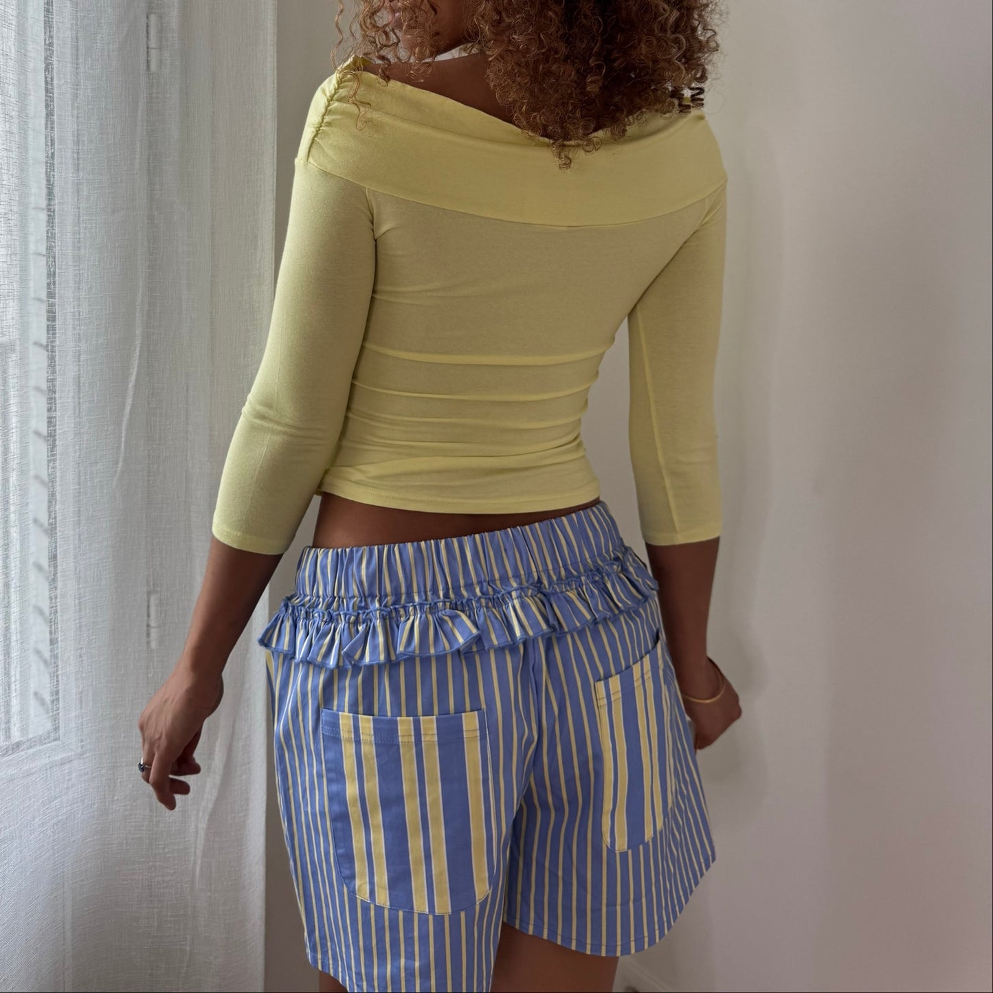 Vintage Yellow Ruched Off Shoulder Top Rosette Detail French Y2K (S)