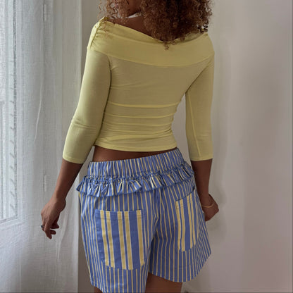 Vintage Yellow Ruched Off Shoulder Top Rosette Detail French Y2K (S)