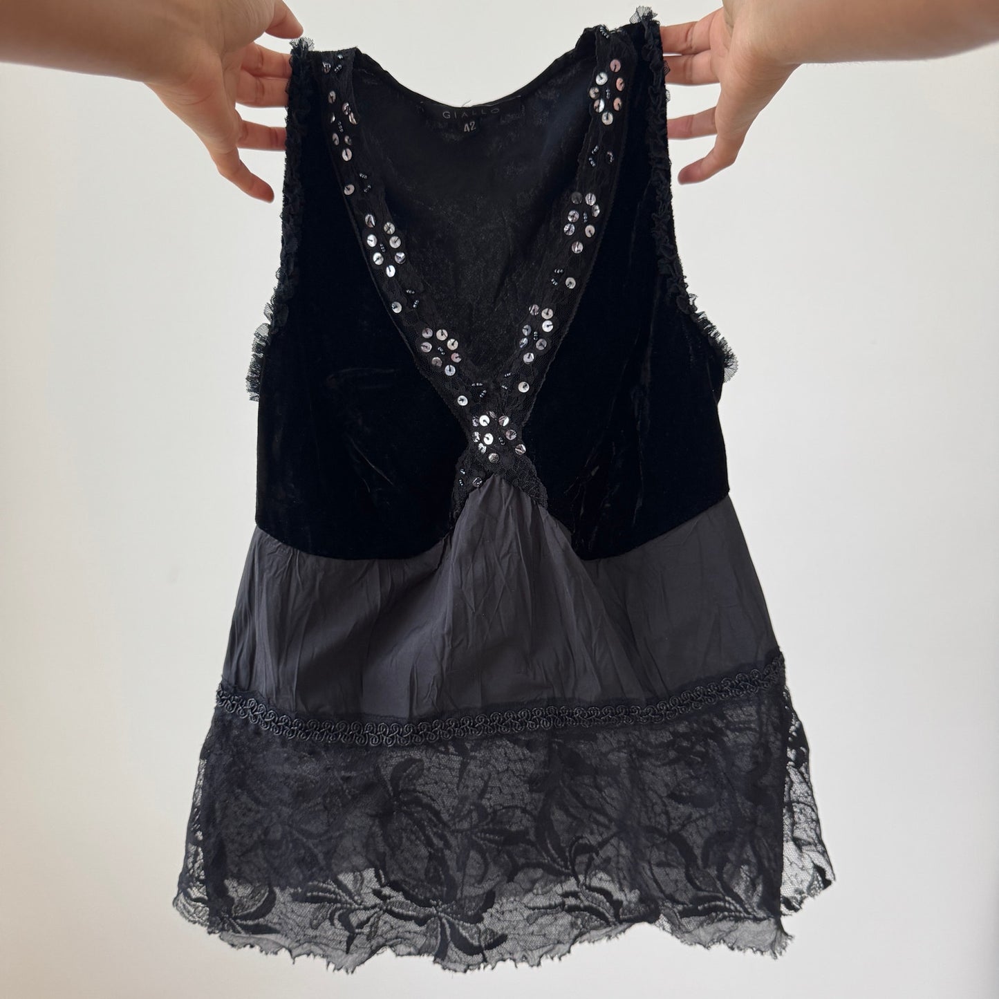 Vintage Black Velvet Lace Mesh Cami Y2K Sequin Lingerie Top (XS)