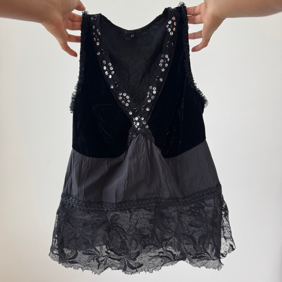 Vintage Euro Black Velvet Sequin Lace Top (XS)