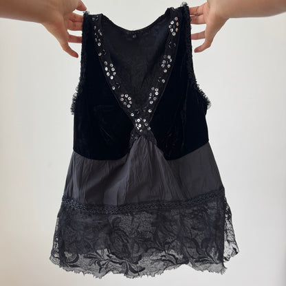 Vintage Euro Black Velvet Sequin Lace Top (XS)