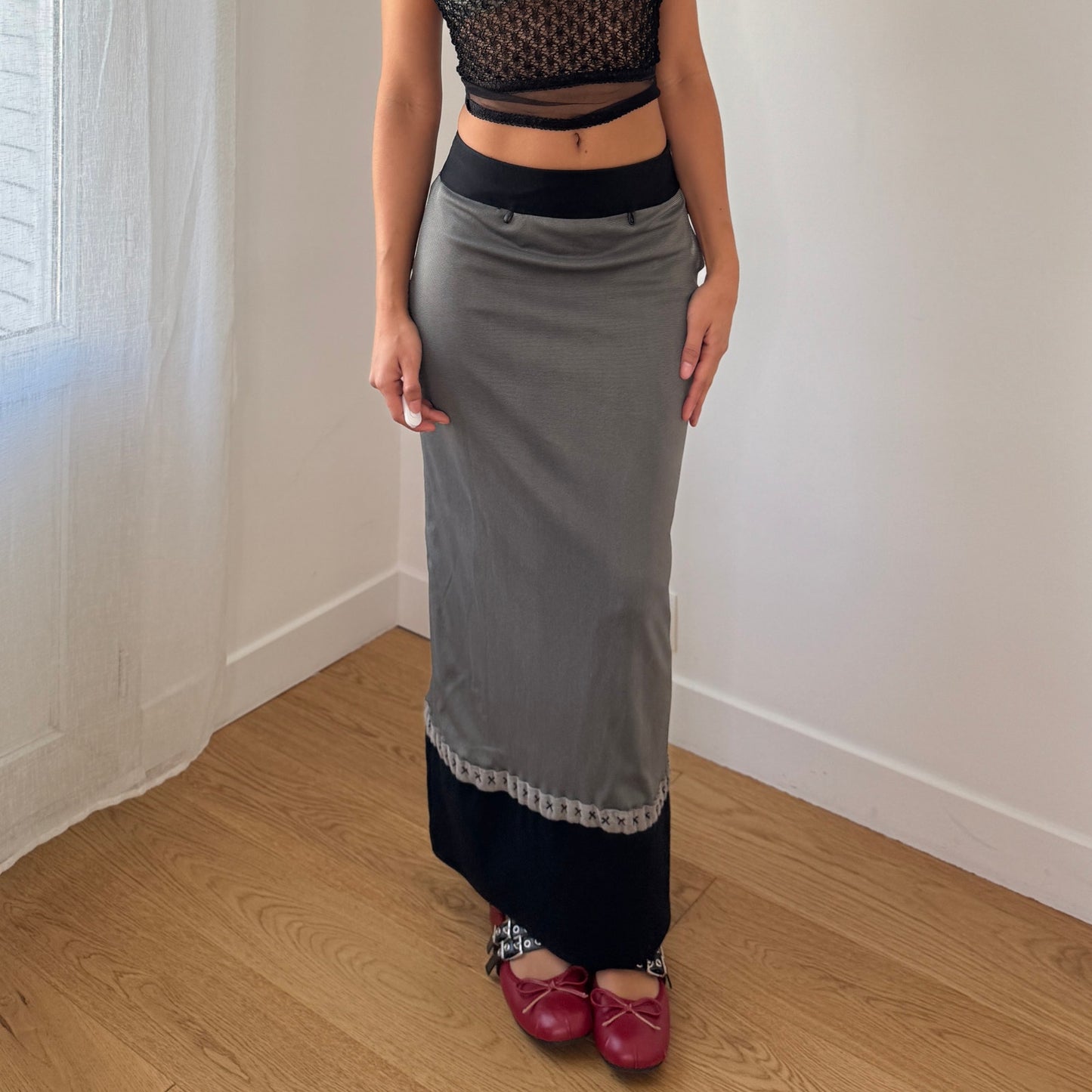 Vintage Two Tone Maxi Skirt Grey Black Viscose Blend (XS)