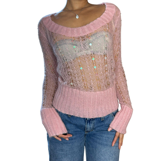 Vintage pink knit sweater with sequins detailing (S/M)