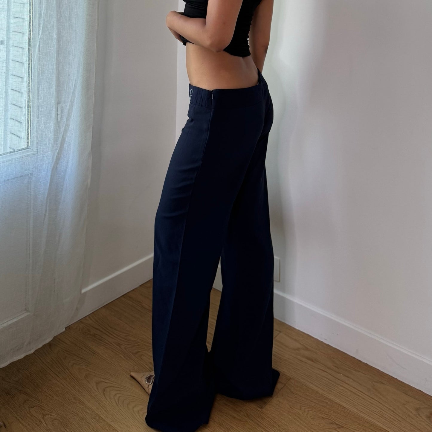 Vintage French Navy Rhinestone Wide Leg Trousers Y2K (S)