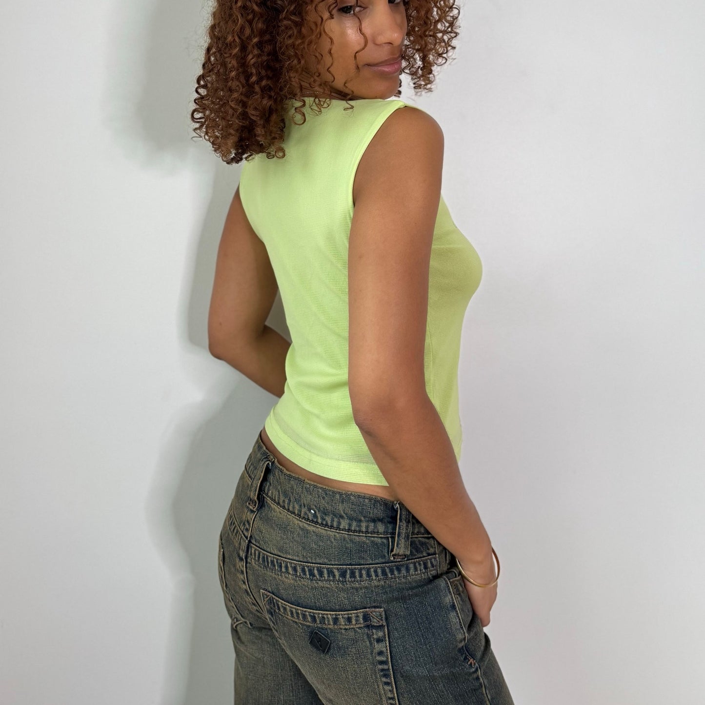 Vintage Lime Green Graphic Mesh Tank Top Beaded Sequin Y2K Euro (S)
