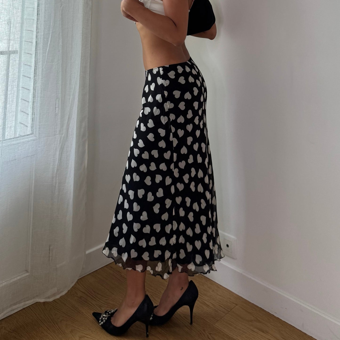 Vintage Black & White Heart Print Silk Mesh Maxi Skirt Italian Y2K (S)