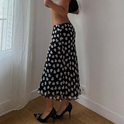 Vintage Black & White Heart Print Silk Mesh Maxi Skirt Italian Y2K (S)