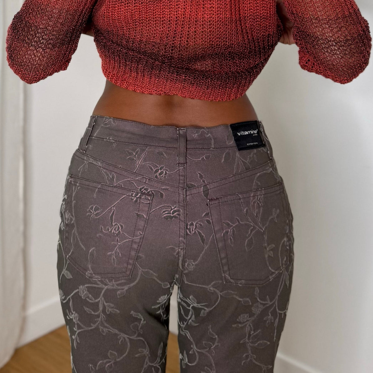 Italian vintage Y2K taupe brown floral printed denim jeans with low rise and straight leg
