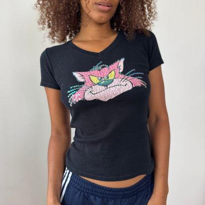 Italian Vintage Benetton Sequin Cat V-Neck Baby Tee (Small)