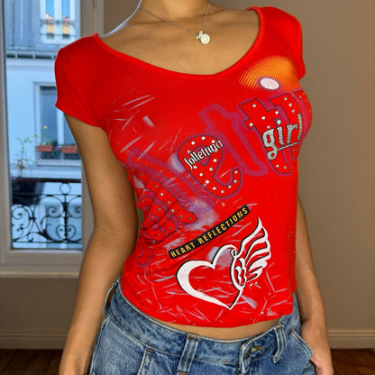 Italian Vintage 00s red graphic baby tee with lace up back (S) euro fitted