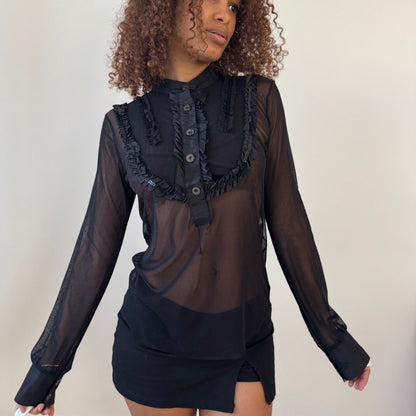 Vintage Italian sheer mesh ruffle blouse with black sequins (M/L)
