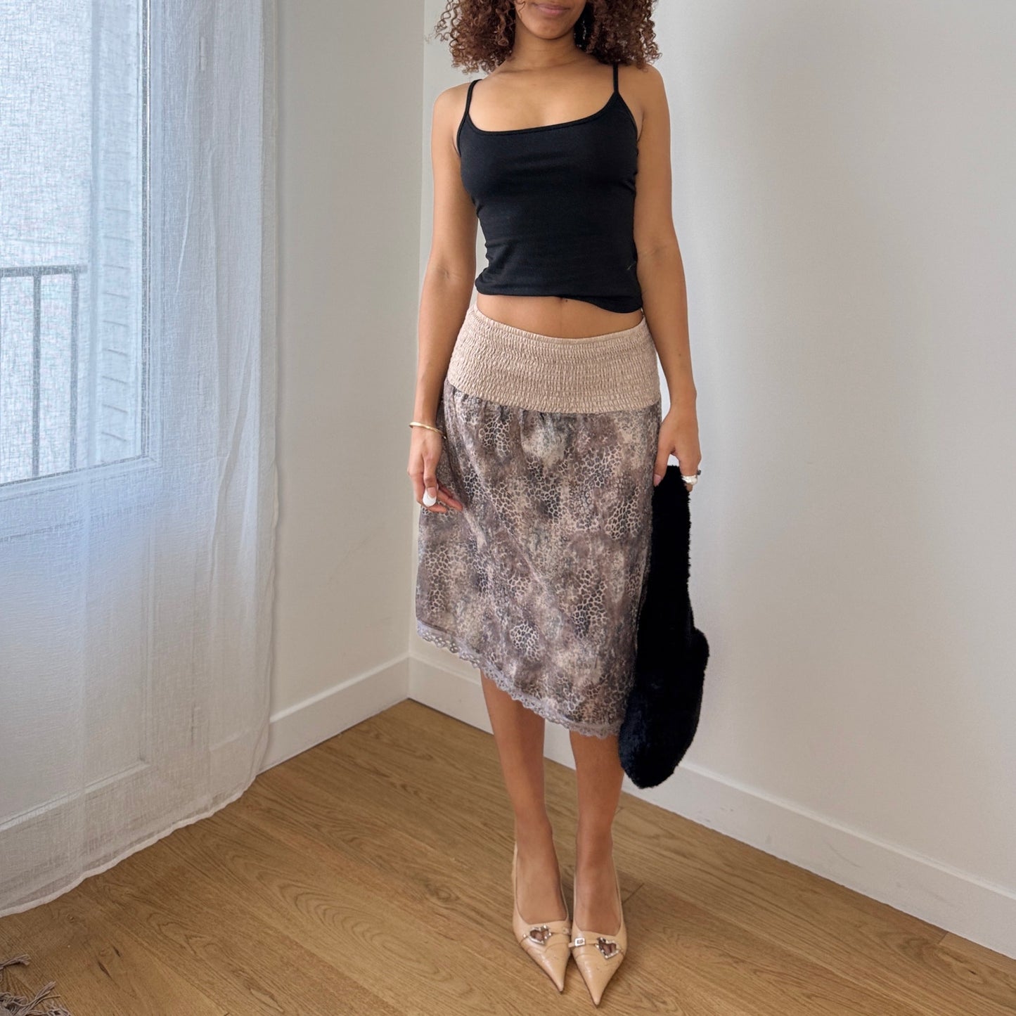 Vintage Euro Snake Print Mesh Midi Skirt Sheer Layered Hem (S)