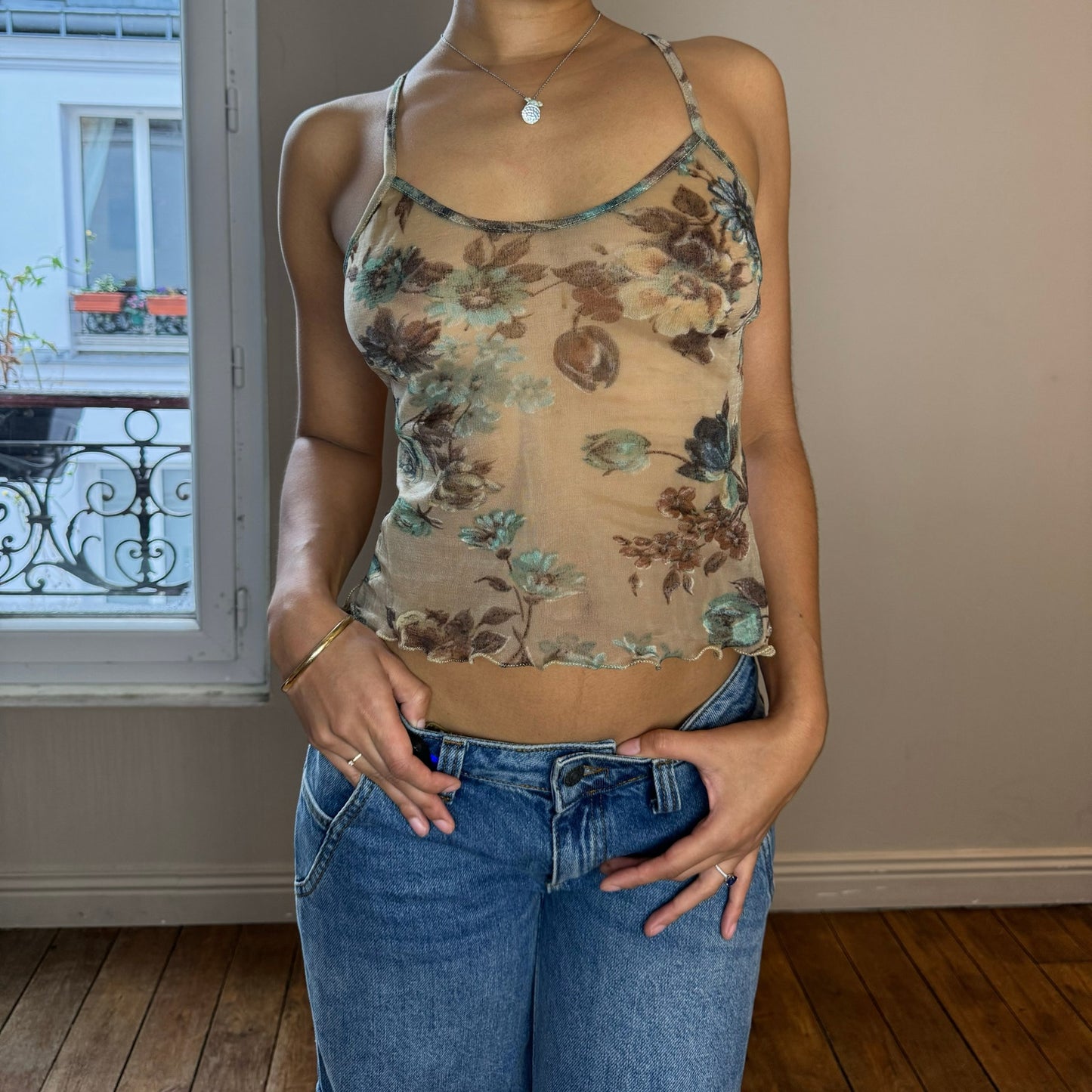 Vintage 90s floral print sheer mesh cami tank (S)