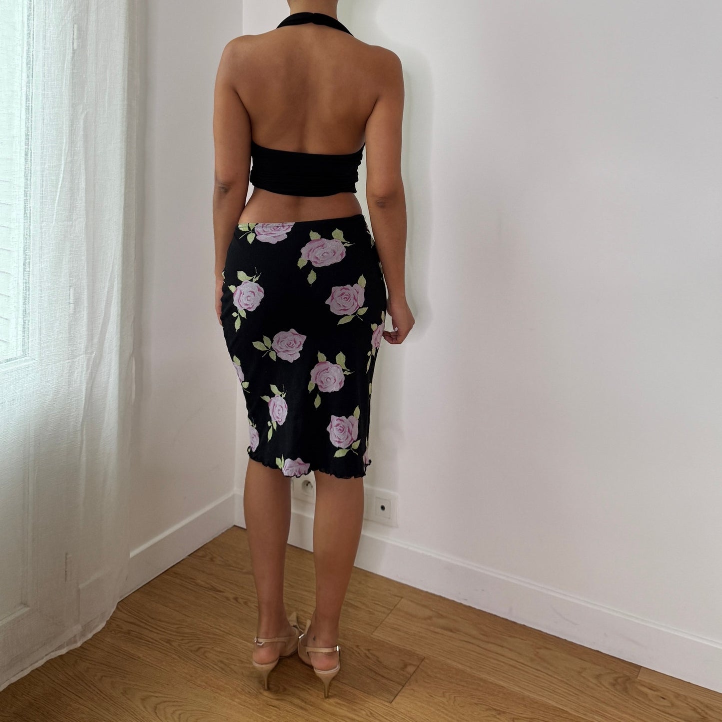 Vintage Black Pink Rose Mesh Midi Skirt Floral Y2K Pencil Skirt (S) ⠀