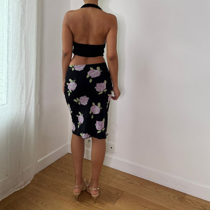 Vintage Black Pink Rose Mesh Midi Skirt Floral Y2K Pencil Skirt (S) ⠀