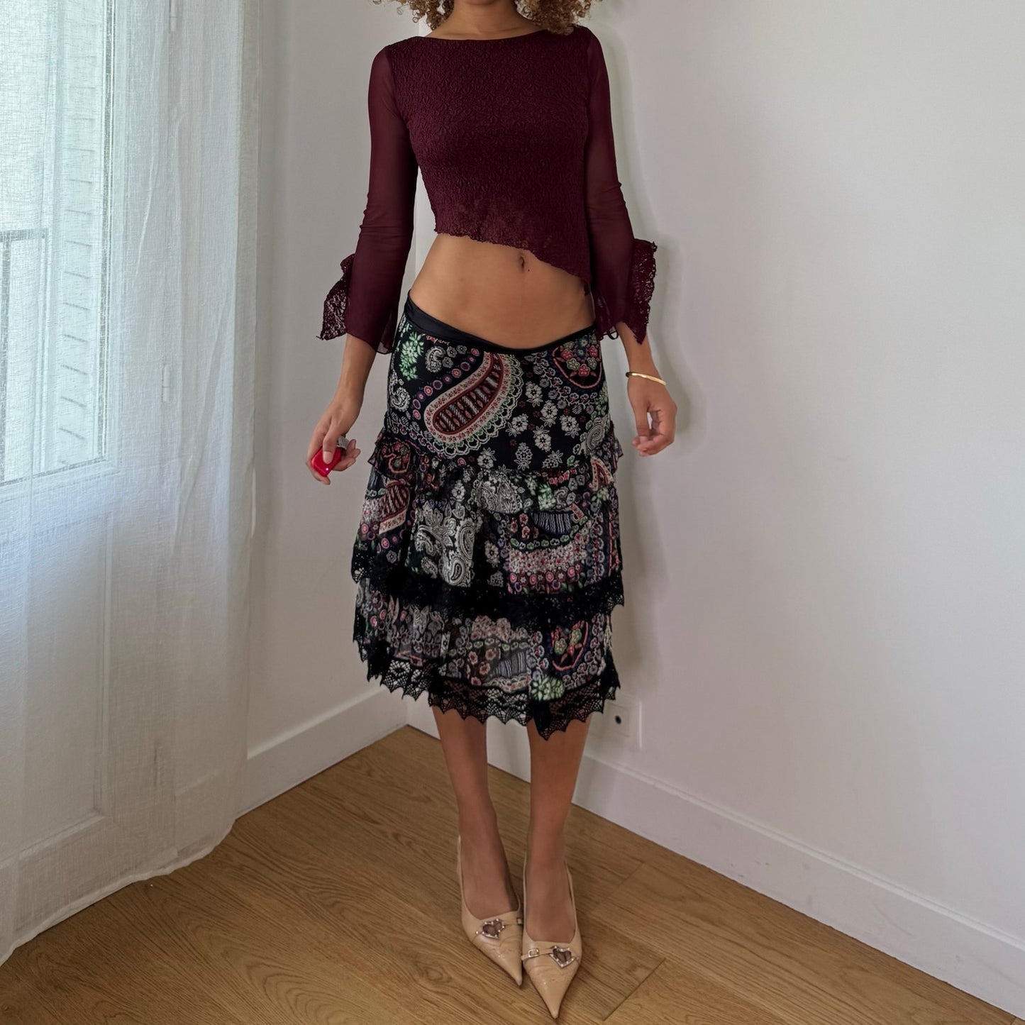 Vintage Pinko Silk Paisley Lace Tiered Midi Skirt Double Layer Y2K (S/M)