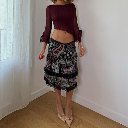 Vintage Pinko Silk Paisley Lace Tiered Midi Skirt Double Layer Y2K (S/M)