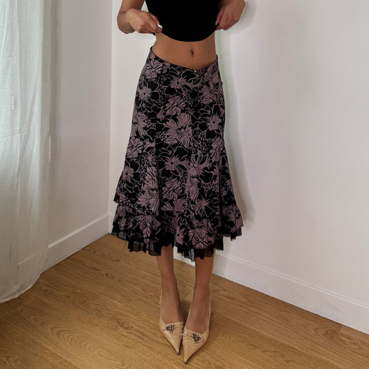 Vintage Black Pink Floral Midi Skirt Italian Ruffle Hem Y2K Skirt (S) ⠀