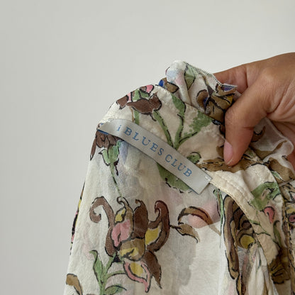 Vintage Italian Sheer Mesh Ruffle-Neck Floral Tunic Top (M/L)