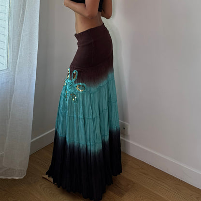 Vintage Extyn Brown Blue Ombre Maxi Skirt Sequin Floral Viscose Y2K (S/M)