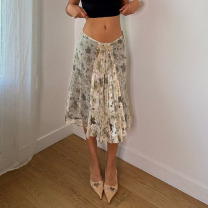 Vintage Cream Sage Green Floral Pleated Mesh Midi Skirt Euro Y2K (S)